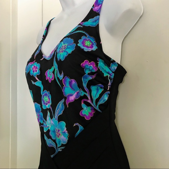 Slimming 1Piece SwimSuit Builtin Underwire Carol Wior Black Green Purple Shirred - Picture 16 of 16